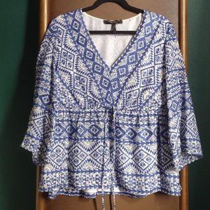 BCBGMaxazria Embroidered Blue and White V Neck Patterned Top